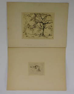 2 William Meyerowitz Landscape Shore Etchings: William Meyerowitz New York,1887-1981 Group includes two works, smaller depicting men fishing on a rocky coast, larger titled "James Thomas' House" depicting a tall column front home with two figures