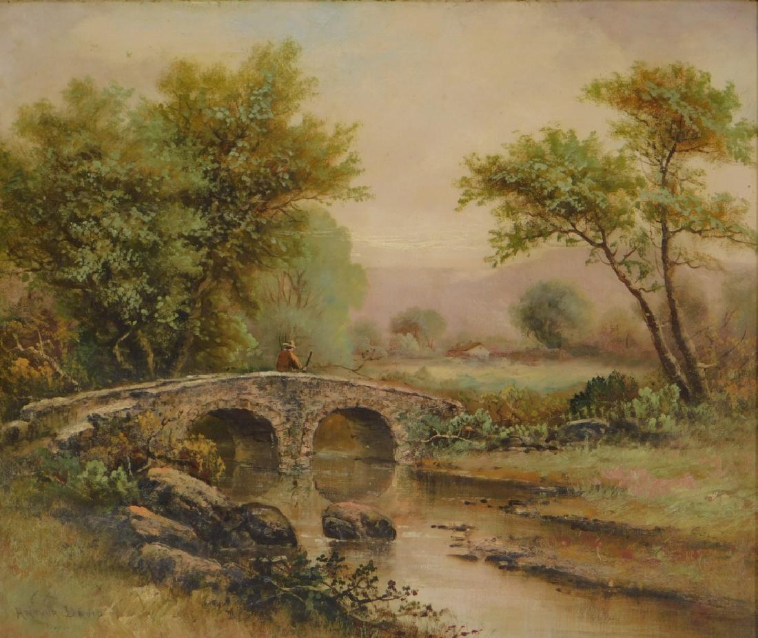 Arthur Davis New England Bridge Fisherman Painting: Arthur Fuller Davis Massachusetts,1863-1953 Finely detailed landscape depicting a young boy fishing off of a stone bridge into a rocky brook with a farm in the distant background.Oil on canvas Signed