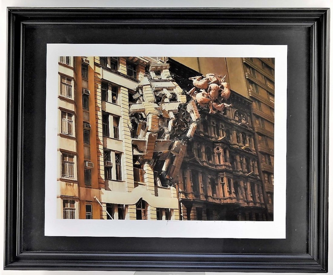 Jeremy Geddes Pale Memory Giclee Print 92/100: Jeremy Geddes New Zealand,b.1974 Depicting an exploding building and a sphere of bodies. # 92 of 100.Giclee on rag paper Signed lower right. 16" x 21",Frame 32 1/2" x 26 1/2"