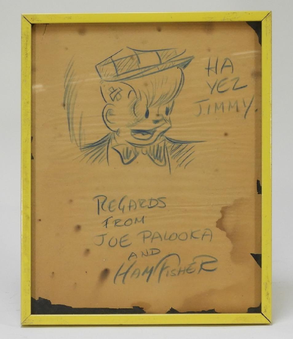 Ham Fisher Joe Palooka Cartoon Crayon Drawing: New York, Pennsylnavia,1901-1955 Blue crayon on paper depicting a profile of Joe Palooka stating "Ha Yez Jimmy" and annotated below "Regards from Joe Palooka and Ham Fisher". Sight size 9 1/2" x 7 1/2