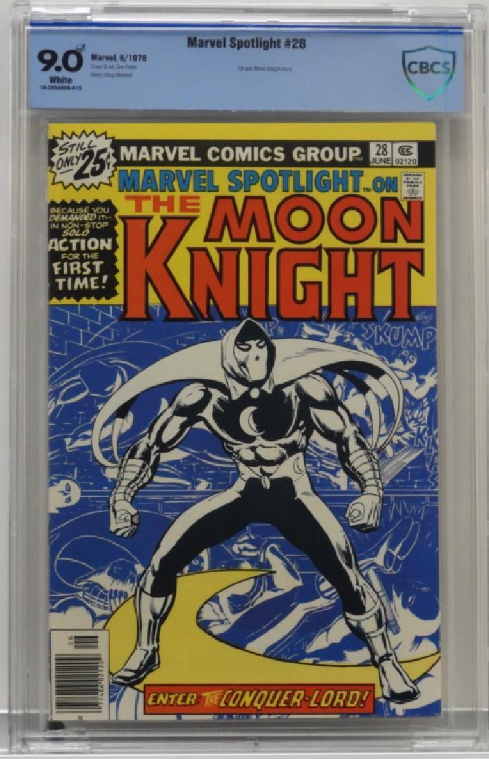 Marvel Comics Marvel Spotlight #28 CBCS 9.0: United States,1976 Marvel Comics Marvel Spotlight issue 28 from June, 1976. The book featured the first solo Moon Knight story. CBCS 9.0 w/ White Pages CBCS case 13" x 8 1/4" From the collection of a