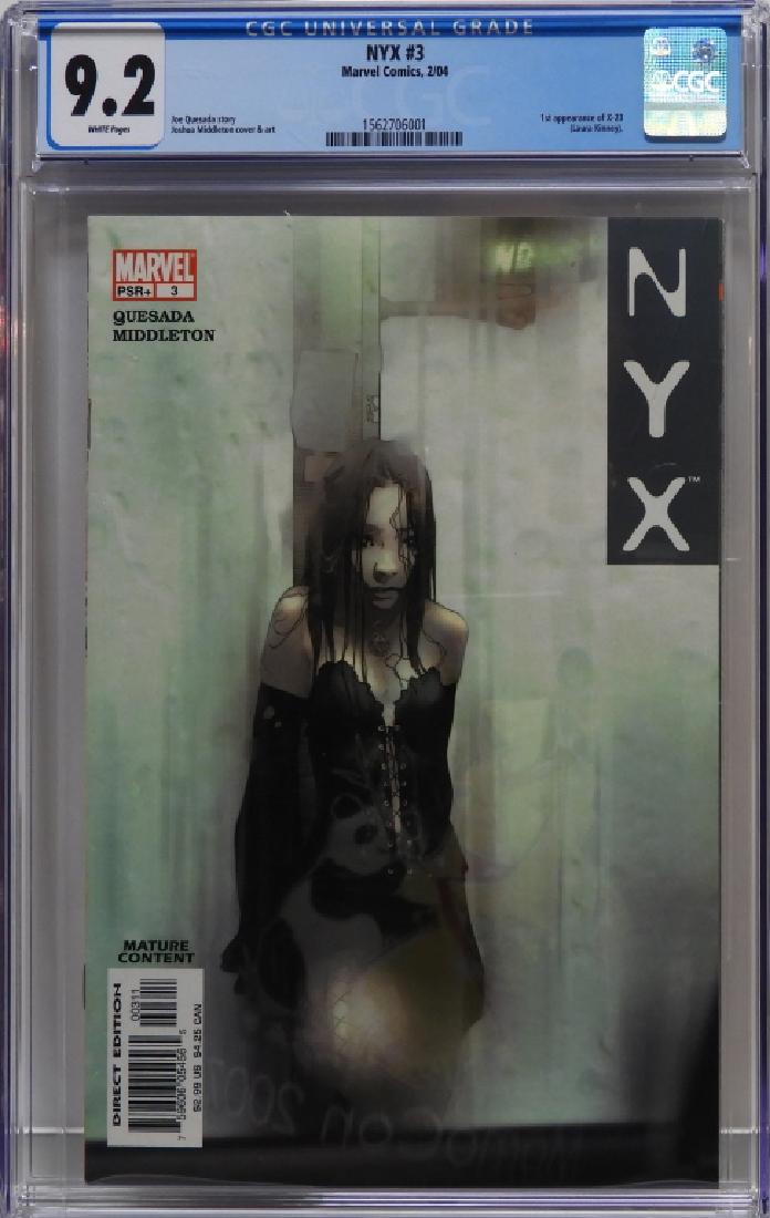 Marvel Comics NYX #3 CGC 9.2: United States,2004 Marvel Comics NYX issue 3 from February, 2004. The book featured the first appearance of X-23. CGC 9.2 w/ White Pages CGC case 12 7/8" x 8 1/8" From the collection of a Weymouth, Ma