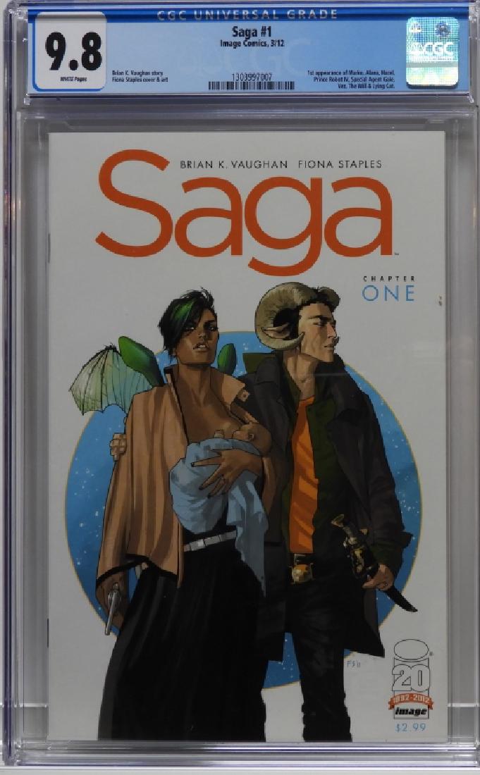 Image Comics Saga #1 CGC 9.8: United States,2012 Image Comics Saga issue 1 from March, 2012. The book featured the first appearance of Marko, Alana, Hazel, Prince Robot IV, Special Agent Gale, Vez, The Will, and Lying Cat. CGC 9.8