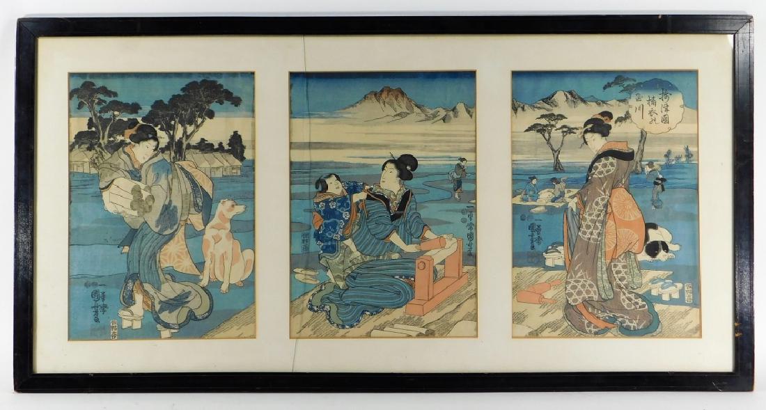 Japanese Meiji Period Geisha Landscape Woodblock: Japan,Meiji period Triptych landscape of geisha with children and dogs against a mountainous background. Woodblock print on paper,Each image 13 3/4" x 9",Frame 19 1/2" x 38 1/2" Overall good condition
