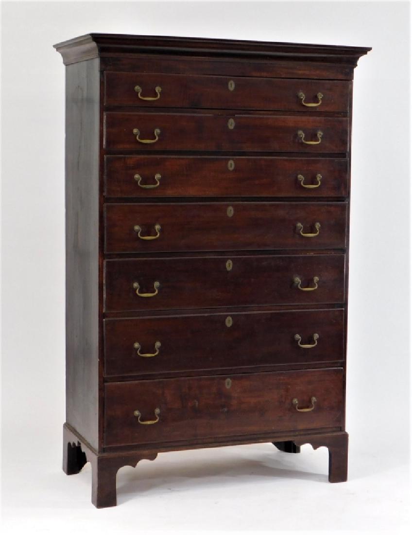 18C Chippendale Tiger Maple 7 Drawer Tall Chest: New England,18th Century Tall chest with seven graduated drawers with bail brasses supported by a tall bracket base. Maple,41" x 21" x 64" tall, Cornice molding and base appear to be old replacements,