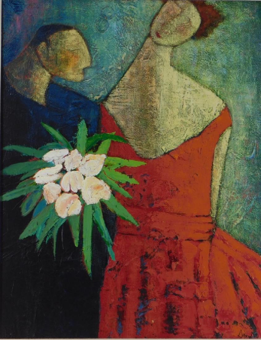 American Modern Expressionist Portrait Painting: United States,20th Century Modernist portrait of a man and woman with elongated features executed in a thick impasto technique. The painting exhibits influence from the work of Amedeo Modigliani (1884