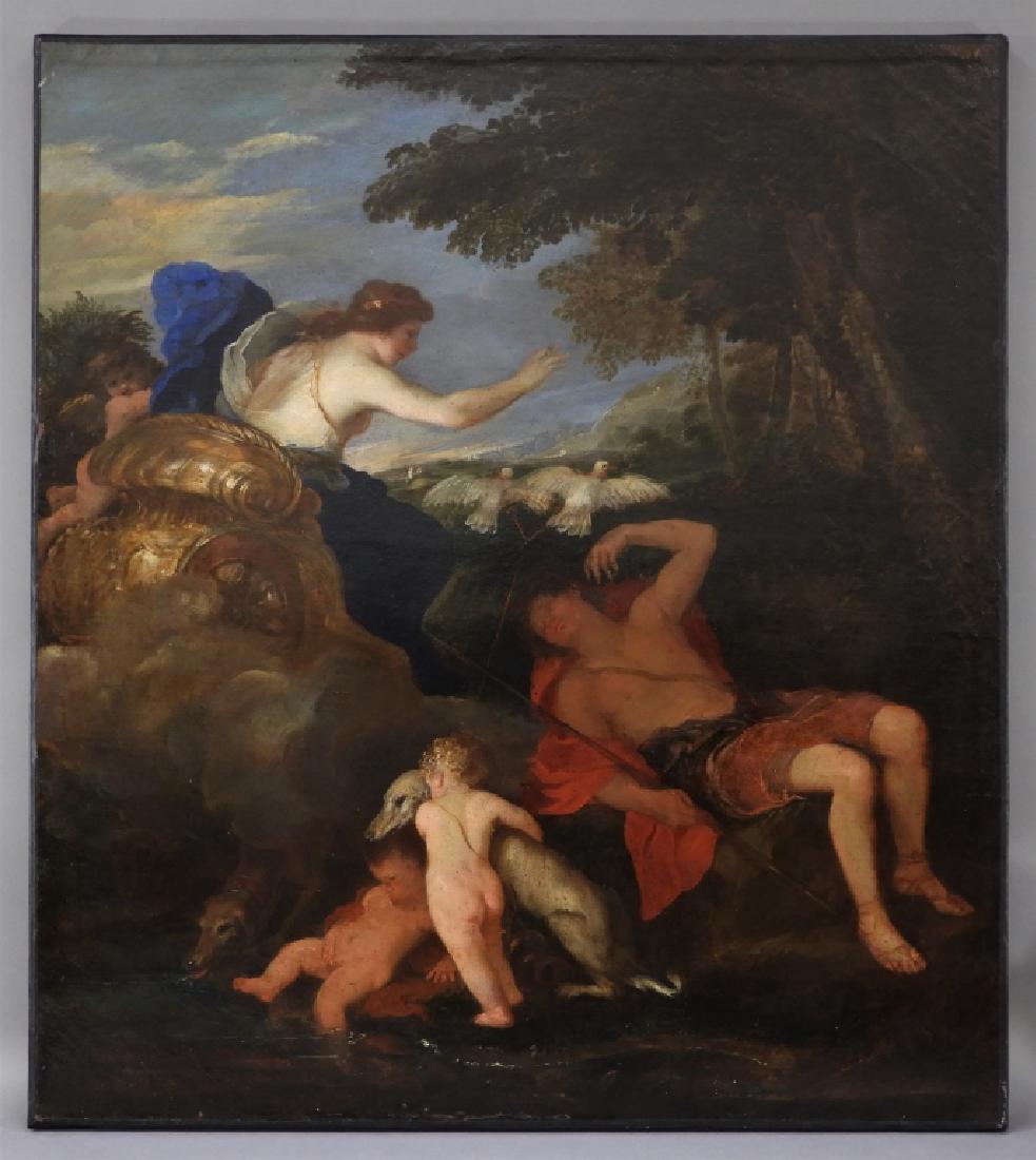 18C Italian Rococo Old Master Chariot O/C Painting: Italy,Circa 1750 Neoclassical work depicting a divine beauty seated in a gold chariot pulled by doves with three cherubs and greyhounds tending to a tired hunter. Notice the cherub in the foreground u