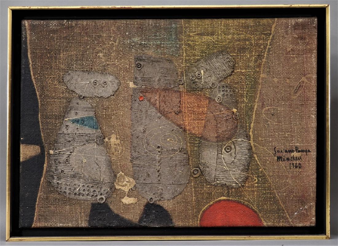 Gaetano Pompa Modernist Abstract O/C Painting: Italy,1933-1998 Titled "Behind the Kitchen Door" depicting two abstracted figures divided by a door with colorful forms throughout. Oil on canvas,Canvas 13 3/4" x 19 3/4",Frame 15 1/2" x 21 1/4" Overa