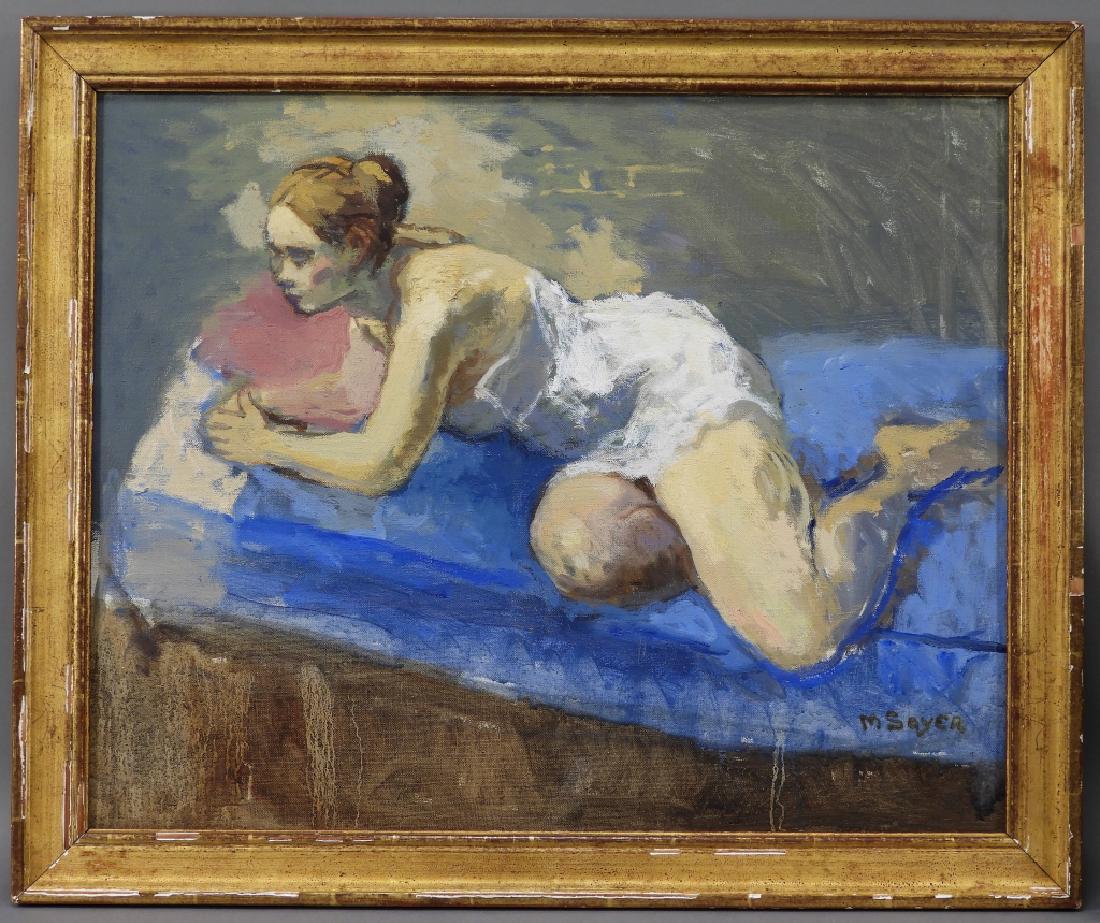 Moses Soyer Social Realist O/C Painting of a Woman: New York,1899-1974 Depicting a recumbent woman in white lace chemise on a mattress with pink pillow. Oil on canvas,Canvas 16" x 20",Frame 19 1/2" x 22 1/2" Overall good condition, frame with minor chi
