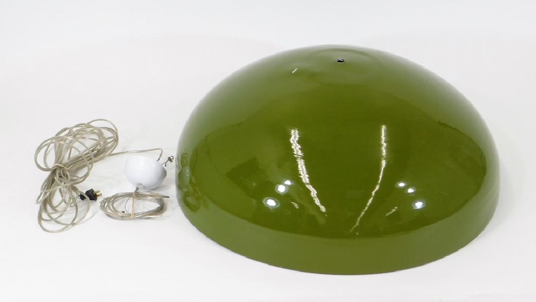 Verner Panton Modern Flower Pot Pendant Light: Denmark,1926-1998 Olive green exterior with eggplant interior. Sheet metal, enamel,30" dia. x 12", One dent with chip and some scratches, please refer to photographs. Dome only no fixture. From the co