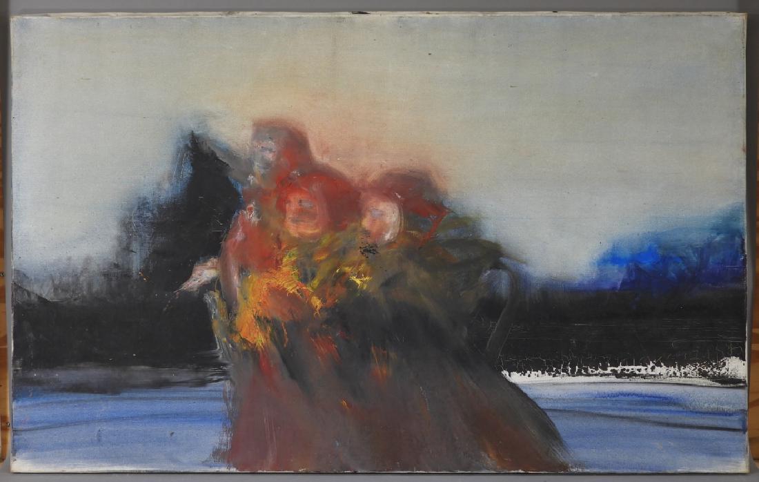 Norman Rubington O/C Modernist Abstract Painting: Connecticut, New York, Italy,1921-1991 Figurative work depicting three women huddled together. Oil on canvas,Canvas 32" x 51", Light craquelure lower right, edge wear from past frame, otherwise good c