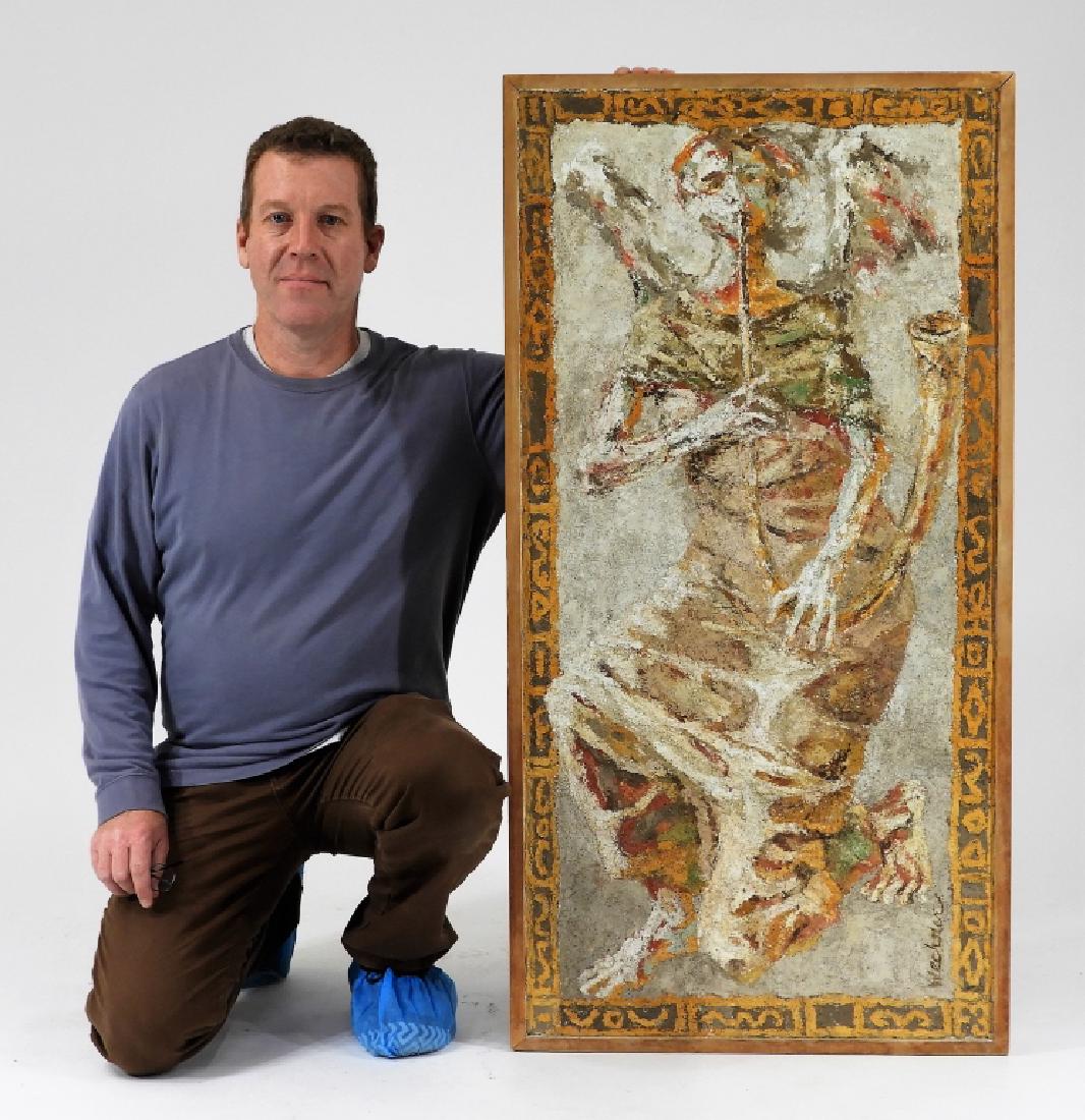 Jean Wechsler Modernist Concrete Angel Frieze: Massachusetts,1927-1993 Modern expressionist rendition of an angel playing a curved horn within a key pattern. The painting was executed on a cast concrete slab, verso retains museum exhibition labels