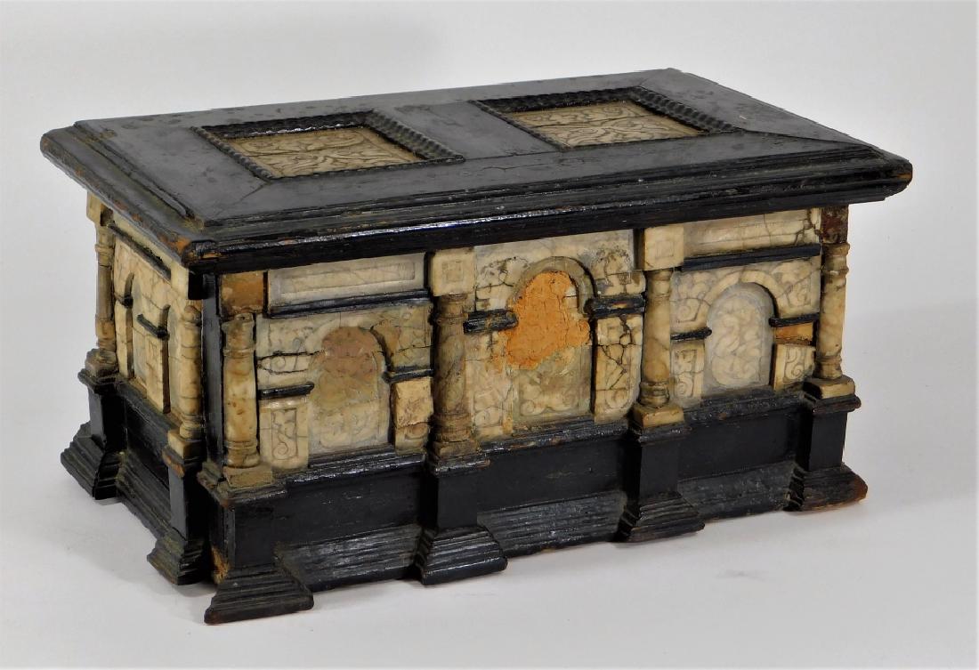 17C Italian Renaissance Marble Box Chest: Italy,17th Century Rectangular architectural form with carved inset panels and arched doors flanked by columns, hinged lid with inset floral panels. Marble, wood,14 1/4" x 8 1/2' x 7" tall, Old repair