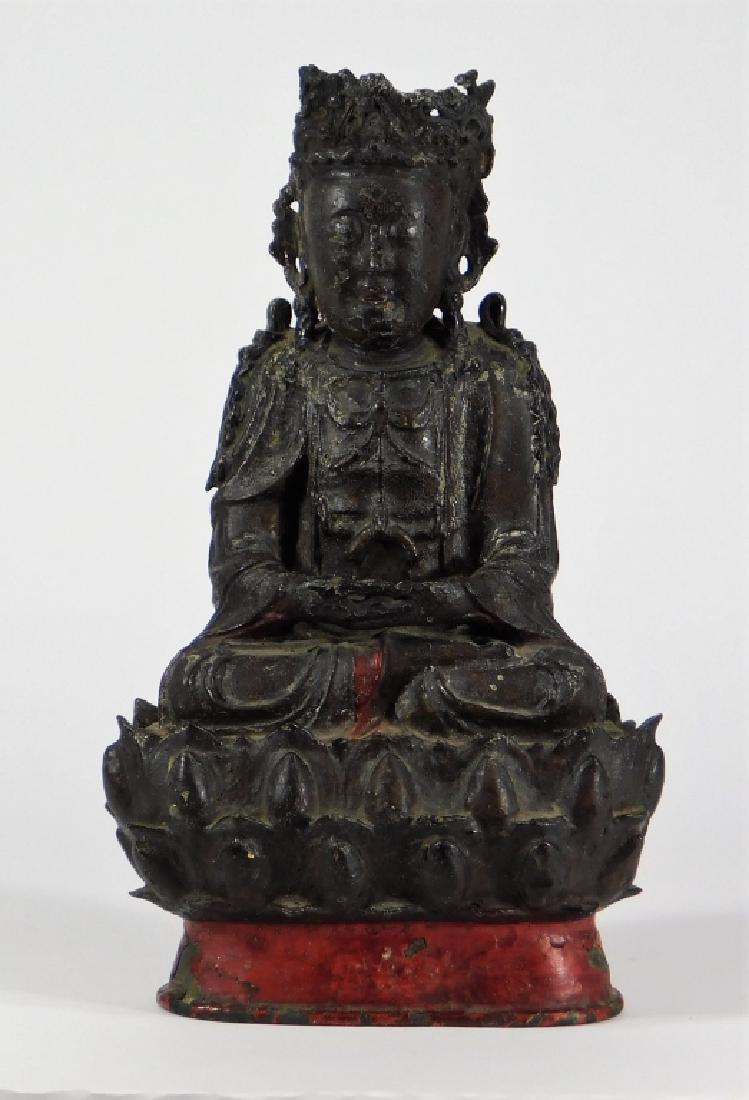 Chinese Ming Dynasty Lacquered Bronze Buddha: China,Ming Dynasty Seated in Dhyanasana on a double lotus base, surface exhibits remanence of red lacquering. Nice copper color to bronze on underside in worn areas. Bronze,10 5/8" tall x 6" x 3 1/2",
