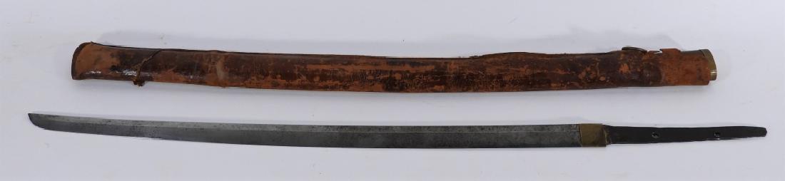 Japanese WWII Period Katana Blade & Sheath: Japan,Early 20th Century Blade paired with a leather wrapped wood sheath. Steel,Blade 23 5/8", As found condition, please refer to photographs. From the collection of a Barrington, Rhode Island gentle