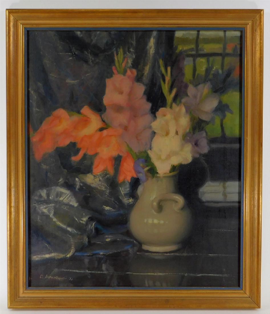 1936 Charles Demetropoulos O/C Still Life Painting: Massachusetts,1912-1976 Impressionist work depicting a spray of orange, mauve, and white irises in a two-handled ironstone vase with delicately rendered cloth to the left and a rural landscape through