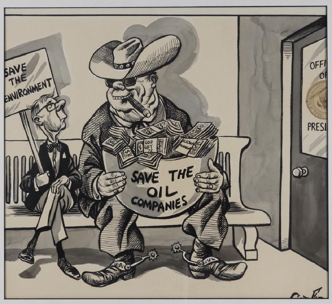 Paul Szep Boston Globe Political Cartoon Drawing: Canada, United States,b.1941 Original illustration created for and published in the Boston Globe titled "Mine's a Social Call" depicting a fat oil tycoon with cigar in mouth holding a sack of cash sea