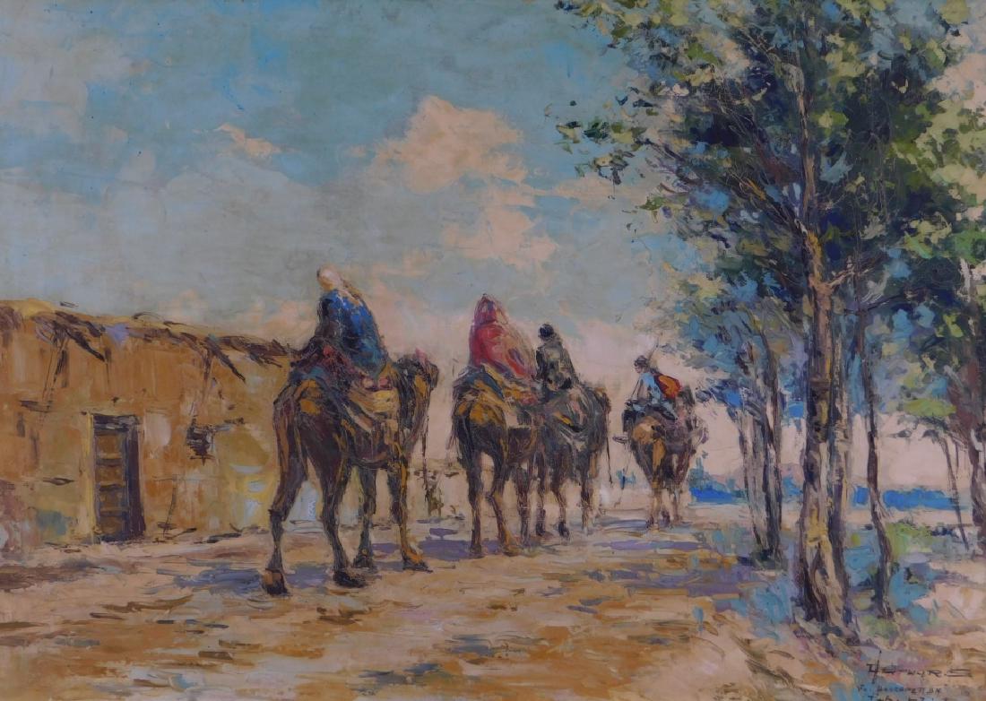 Arthur Sarkissian O/C Islamic Landscape Painting: Iran,20th Century Impressionist work depicting a caravan of camel riders traversing a dirt road along a village. Oil on canvas,Canvas 27 1/2" x 20",Frame 35" x 27" Light craquelure to paint in tree ar