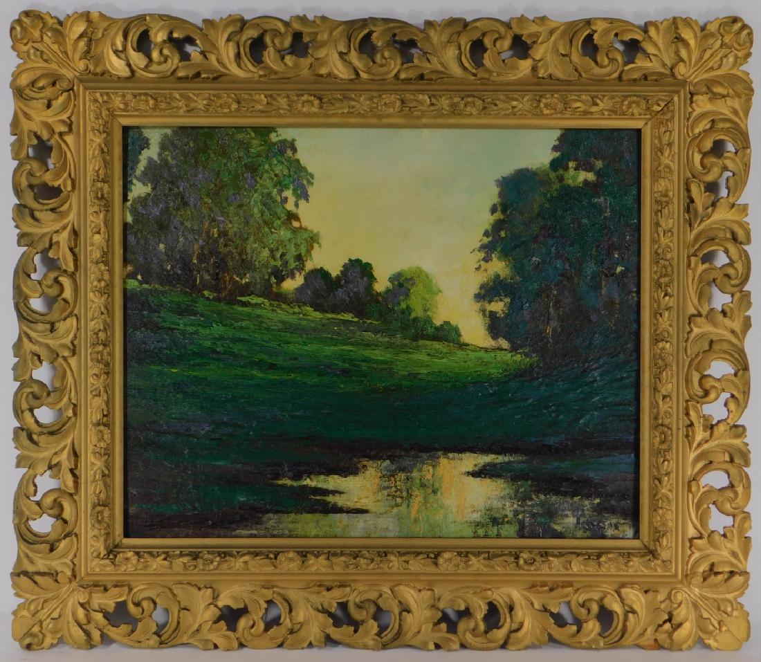 Boston School Impressionist Landscape Painting: H.W. Jackson,Massachusetts, New Hampshire,b.1832 Finely executed in a thick impasto technique depicting a grassy marsh between two groves of trees illuminated by the setting sun. Jackson is listed in 