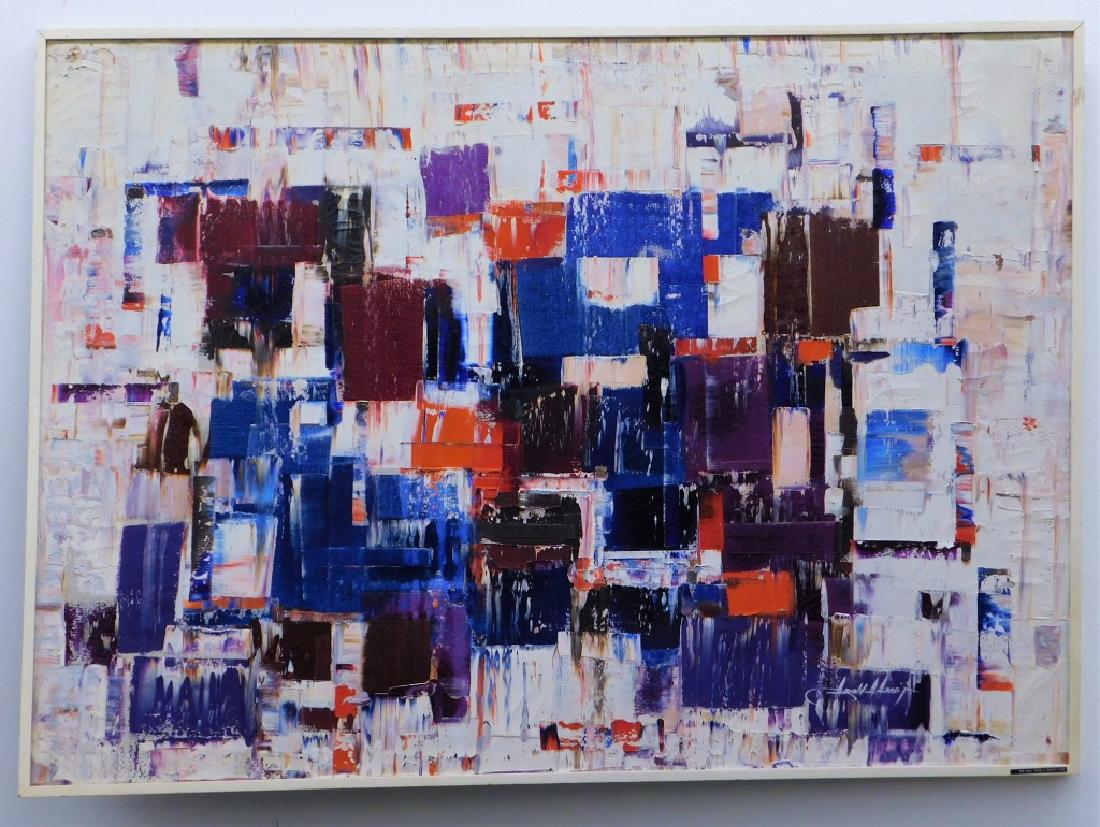 Arnold A Arbeit Abstract Expressionist Painting: Arnold Arvin Arbeit,New York,1911-1975 Expressionist composition of blue, orange, magenta, and purple square swatches within a white border. The painting exhibits influence from the work of Robert Rau