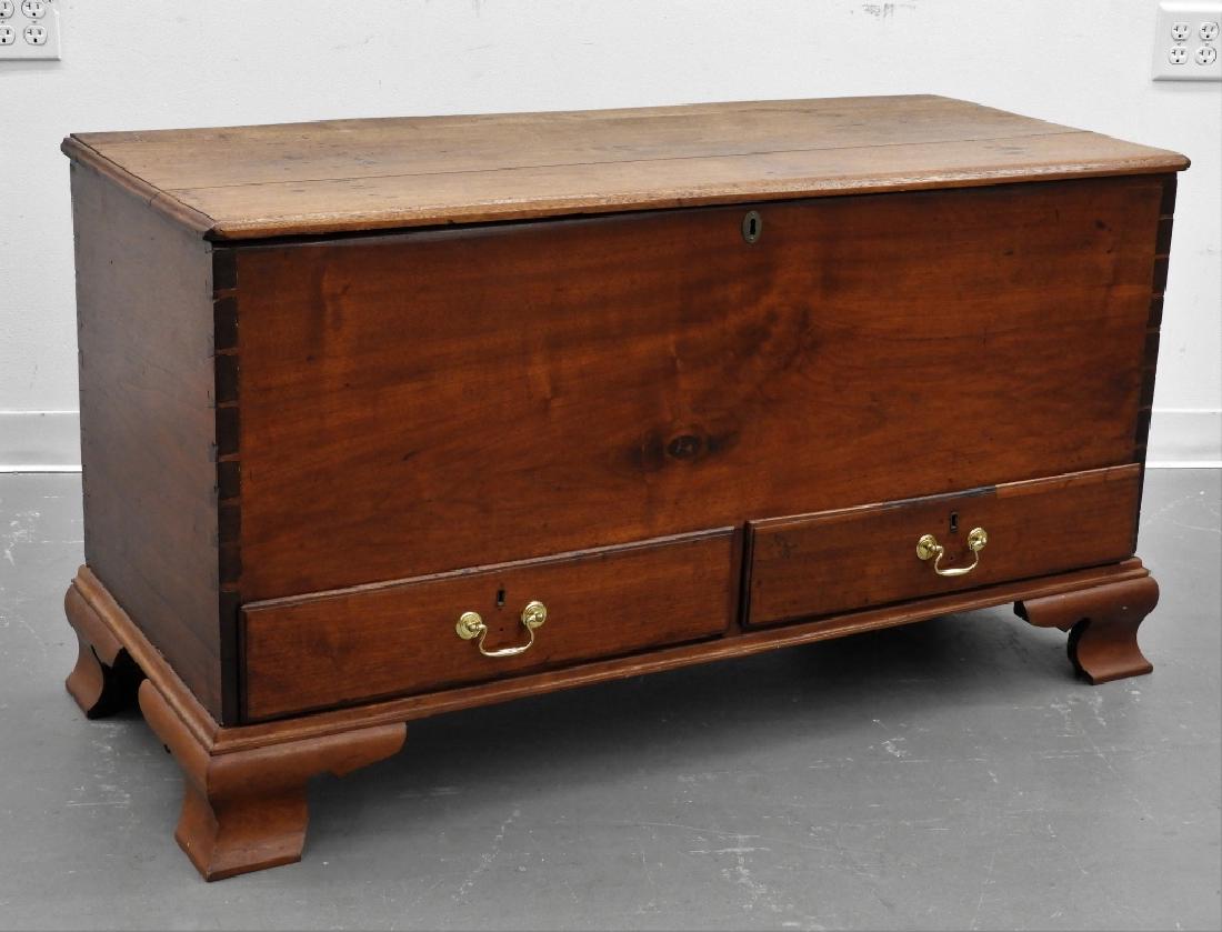 C.1760 Penn Chippendale Mahogany Blanket Chest: ,Pennsylvania,Circa 1760 Quality dovetail construction with flip top and internal till over two drawers on a bracket base. Mahogany, poplar secondary,50" x 27" x 21", From the collection of an East Gr