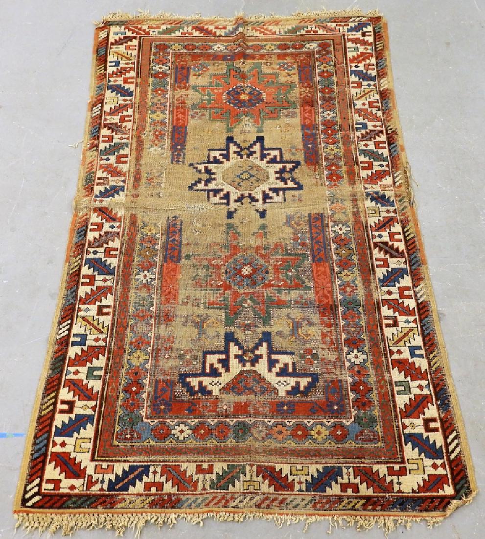 C.1870 Antique Caucasian Shirvan Carpet Rug: ,Caucasus,Circa 1870 Colorful geometric field with three and a half star design within layered floral and geometric stylized borders. Wool,5'4" x 3', From a Cape Cod, Massachusetts estate.