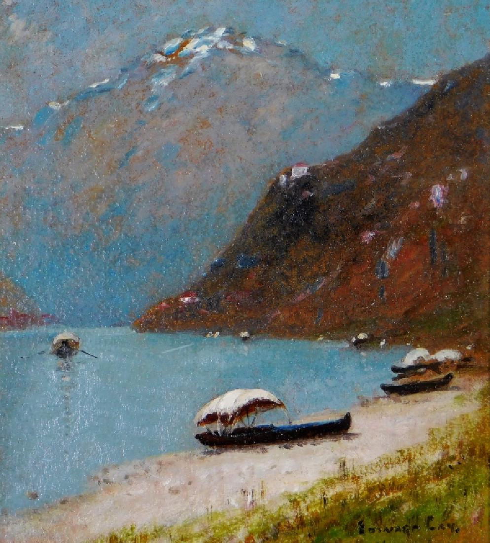 Edward Gay Hardangerfjord Norwegian O/B Landscape: Edward B. Gay,New York, Ireland,1837-1928 Naturalist work depicting a view of the Hardangerfjord, Norway with canopied boats ashore the embankment. The painting is similar in subject matter to three o