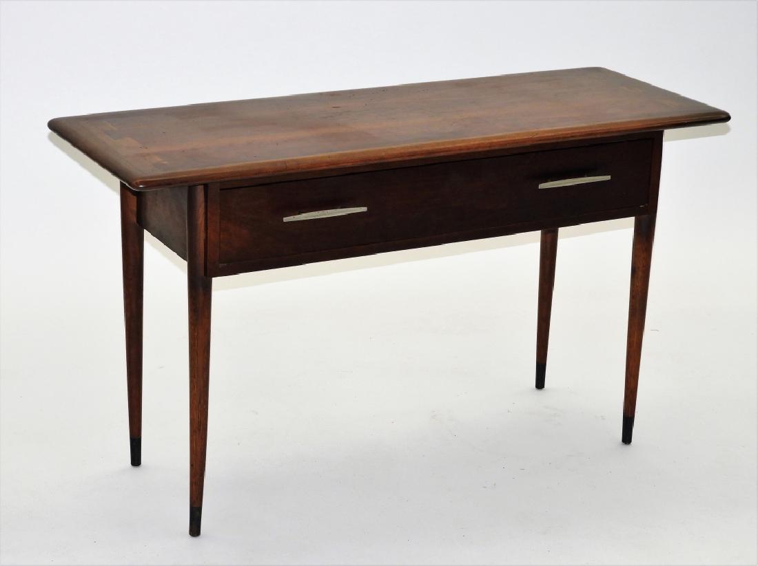 Lane MCM Modernist Walnut Console Table: ,Virginia,Circa 1960 Dovetailed breadboard style top over minimalist brass capped tapered legs. Walnut,26" tall x 46" wide x 17" deep, From the collection of a Medfield, Massachusetts gentleman.