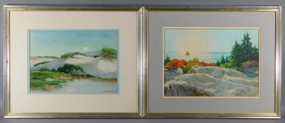PR Ben Johnson New England Watercolor Paintings: Ben Johnson,United States,20th Century Includes two works, one depicting domed sand dunes with low shrubbery beneath a setting sun, most likely Cape Cod. The other depicting a rocky coastline with eve