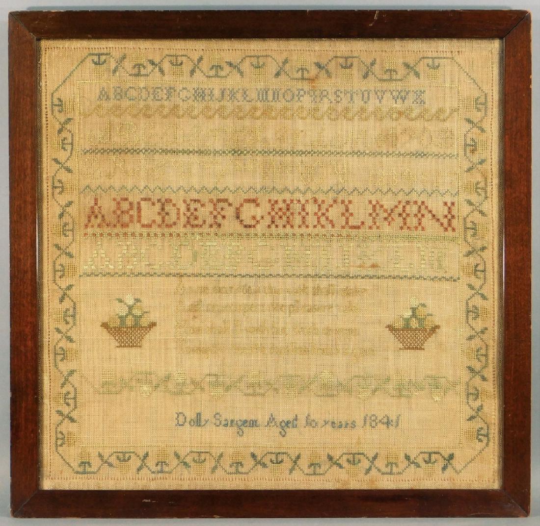 19C American Folk Art Schoolgirl Alphabet Sampler: ,United States,1841 Identified "Dolly Sargent aged 10 years 1841" with the alphabet within a flower vine border. Silk, linen,Frame 19" x 18", From the collection of a Pawtucket, Rhode Island gentleman