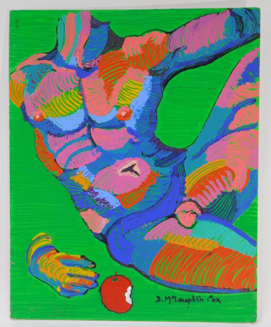 D. McLaughlin Cox Pop Art Male Nude Painting: D. McLaughlin Cox,United States,20th Century Adam, 1st Man, pop art rendition of a nude male torso with exposed genitals resting with a bitten apple, 1998. Oil on foam board,30" x 24", Signed "D. McLa