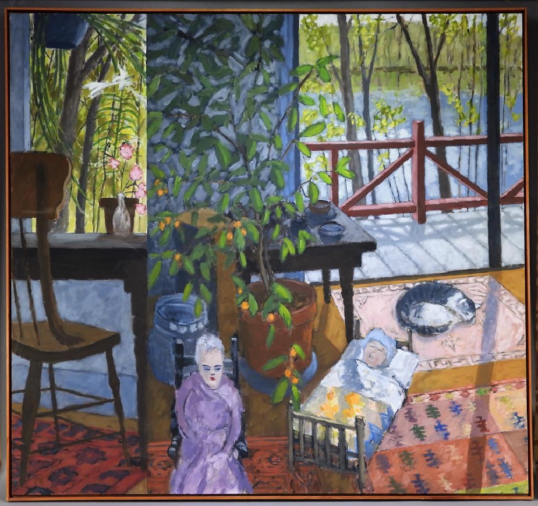 Peter Nelson Colorful Modernist Interior Painting: Peter Nelson,United States,20th Century Homely interior scene with a cat curled on a carpet basking in the sun near a sliding door with a scenic summer background. Oil on canvas,Canvas 46" x 49",Frame
