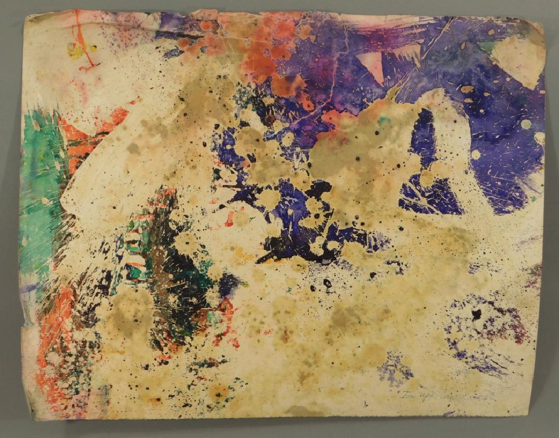 Taro Yamamoto Abstract Expressionist WC Painting: Taro Yamamoto,Connecticut, New York, Massachusetts,1919-1994 Untitled expressionist composition of purple, orange, and green with drips and splashes of white. Mixed media on paper,24" x 19", Signed an