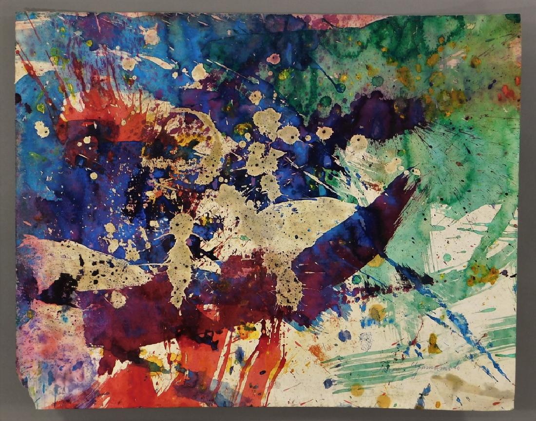 Taro Yamamoto Abstract Expressionist WC Painting: Taro Yamamoto,Connecticut, New York, Massachusetts,1919-1994 Untitled expressionist composition of blue, green, and red with white splatter. Mixed media on paper,24" x 19", Signed and dated "Taro Yama