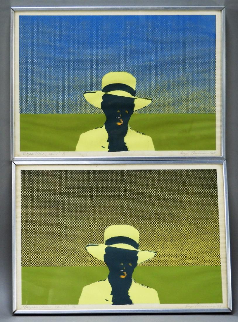 PR Roger Shimomura Bazaar Woman Lithographs: Roger Shimomura,Washington,b.1939 Titled "Bazaar women variation 1 1/2" and "Bazaar woman variation 5 1/2", abstract opt art depictions of women over colorful backgrounds. Paper, wood, and metal,Each 