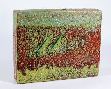 William Wyman Glazed Stoneware Book Slab Vase: William Wyman,Massachusetts,1922-1980 Rectangular form with heavy textured olive and red glaze. Stoneware,10 1/2" x 2" x 8" tall, Signed and dated " Wyman 71" on underside. From the collection of a Me