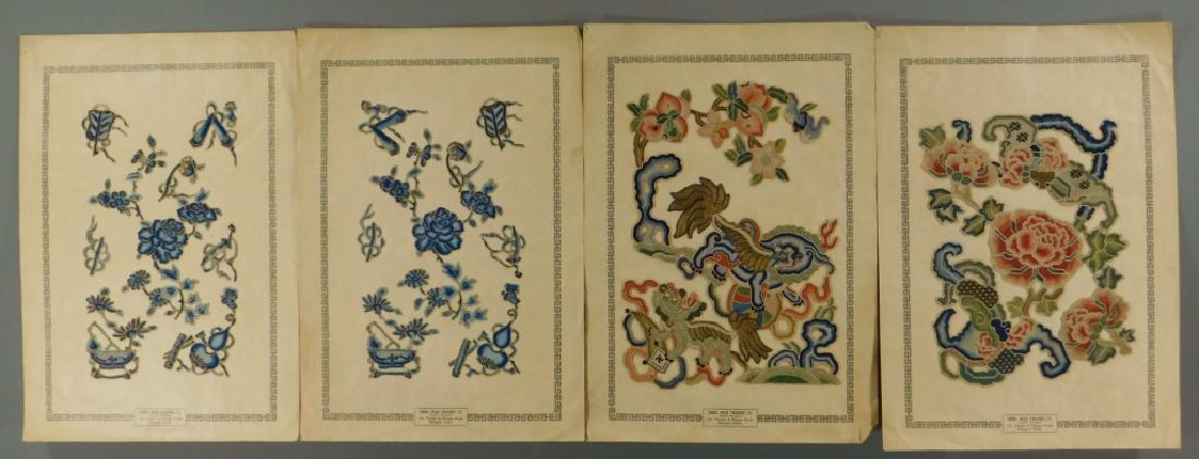 4 Chinese Shing Wah Trading Co. Silk Textiles: ,China,Early 20th Century Group includes four textiles, each forbidden stitch pattern on original retailer sheets from Shanghai, China. Two of flowers with auspicious Buddhist symbols, one of Foo Dogs