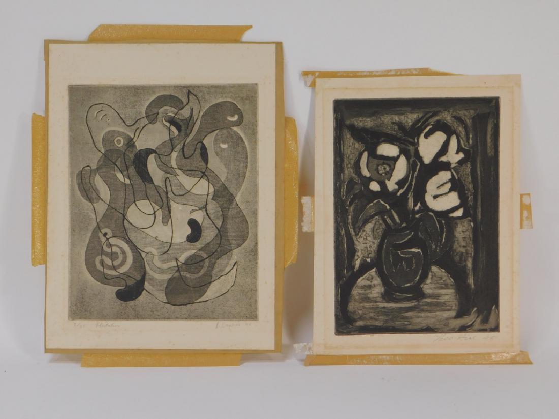 2PC Theo Hios & Nasso Daphnis Modern Etching Group: Theo Hios, Nasso Daphnis,New York, Greece,1910-1998 Group includes a Theo Hios floral still life dated 1948 and Nasso Daphnis, Flirtation, 3 of 35. Etching on paper,Sheet 11 1/2" x 8 1/2", Each pencil