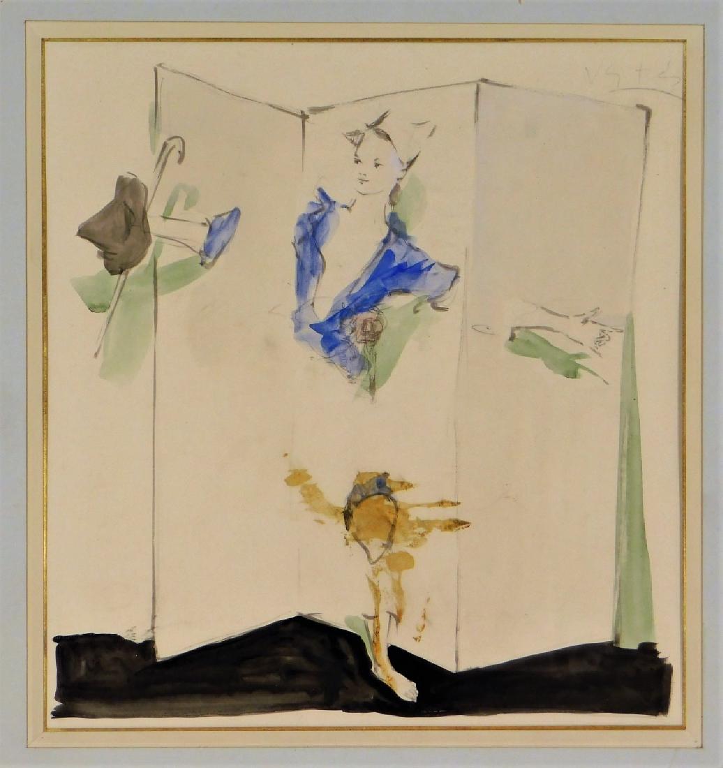 Marcel Vertes WC Painting of Female Entertainer: Marcel Vertes,Hungary, United States,1895-1961 Depicting a woman in blue dress holding a top hat and cane with arms open appearing through a screen. Watercolor on paper,Sight size 12" x 11",Frame18" x
