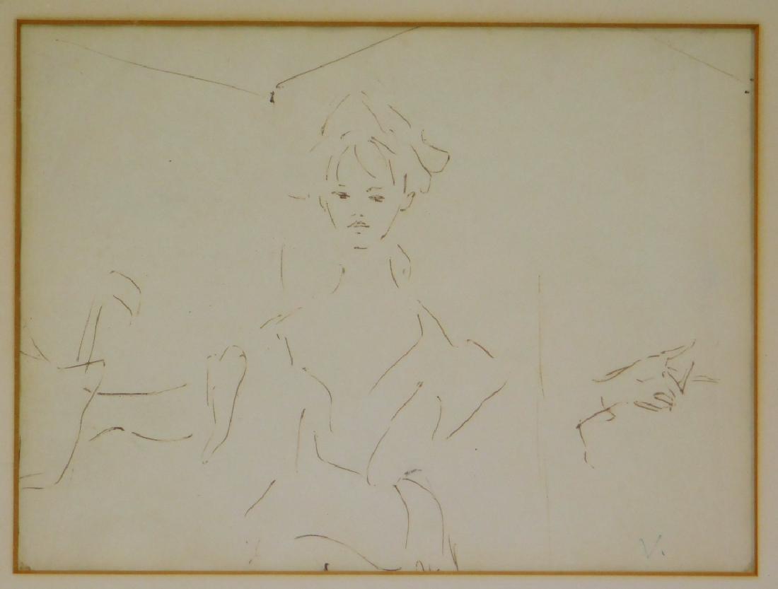 Marcel Vertes Figurative Study Drawing of a Woman: Marcel Vertes,Hungary, Untied States,1895-1961 Depicting an attractive woman with low cut blouse and hair tied with arms open. Ink on paper,Sight size 7 3/4" x 5 3/4",Frame 11 3/4" x 9 3/4" Signed "V.