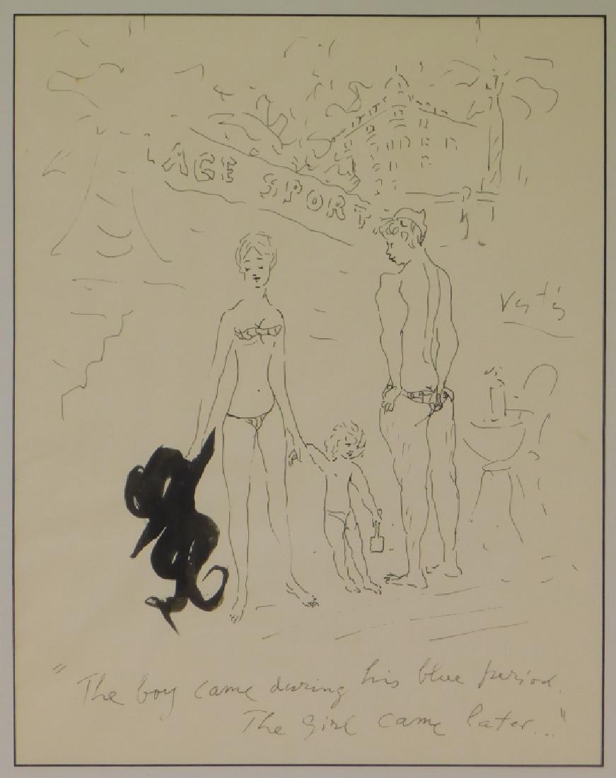 Marcel Vertes Ace Sport Beach Family Illustration: Marcel Vertes,Hungary, United States,1895-1961 Depicting a husband and wife standing on a beach with their son and daughter. Notice how the daughter is blacked out with annotation "The boy came during