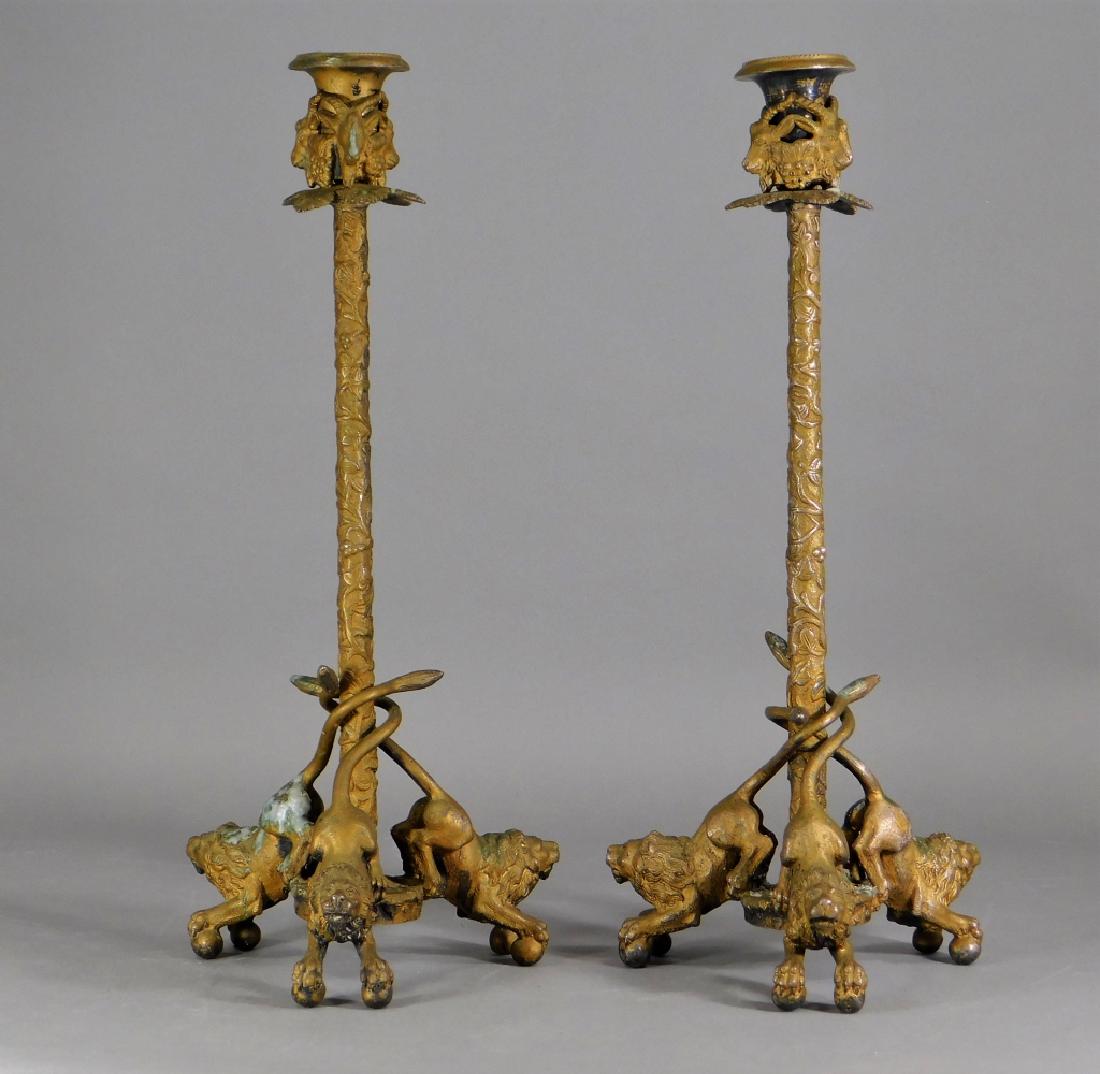 19C Continental Gilt Bronze Lion Ram Candlesticks (1 of 6)