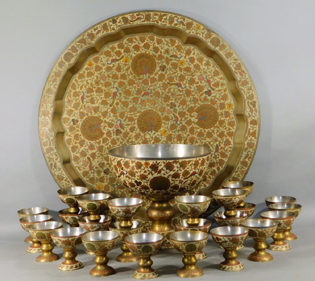 HUGE C.1900 Indian Enameled Brass Punch Bowl Set (1 of 7)