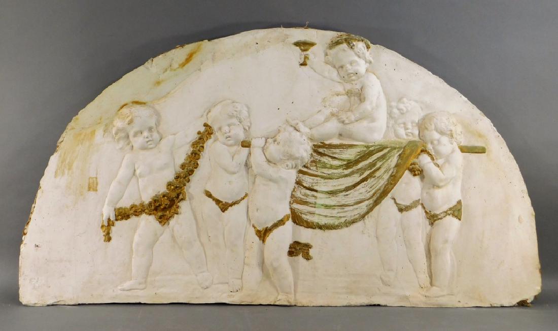 19C Victorian Neoclassical Plaster Frieze of Putti: ,United States,19th Century Relief casting of five putti hoisting a bacchante child on a litter drinking from a chalice with gilt highlighting throughout. Plaster,20 3/8" x 38 1/4", From the collectio