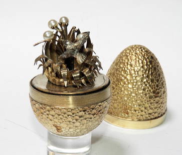 Stuart Devlin Gilt Sterling Silver Surprise Egg: Stuart Devlin,England,20th Century # 178 and decorated with pearl flowers and a hummingbird. Silver,3 " tall, Signed "SD" on base.