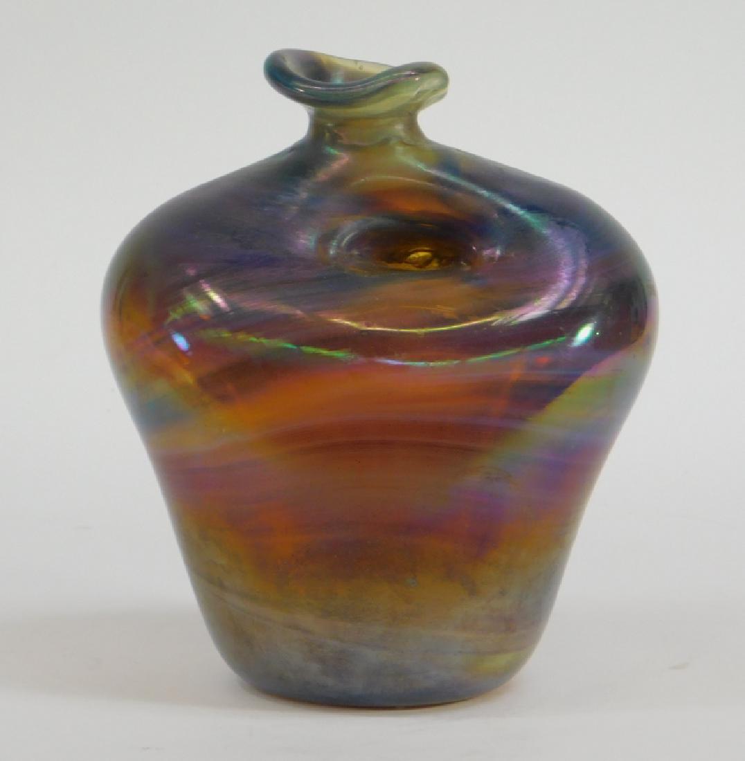Peter Bramhall Modern Art Glass Free Form Vase: Peter Bramhall,United States,b.1942 Iridescent purple glass with pinched neck and shaped rim. Glass,8" tall, Signed "Bramhall" and dated "69" on bottom. From the collection of a West Whately, Massachu