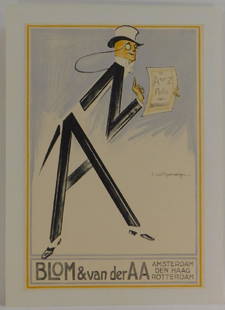 Louis Raemaekers Art Nouveau Illustration Poster: Louis Raemaekers,Holland,1869-1956 Poster for Blom & Van Der A A insurance company depicting a stylized fashionable man with tuxedo, top hat, and monocle holding an insurance policy. Lithograph on pap