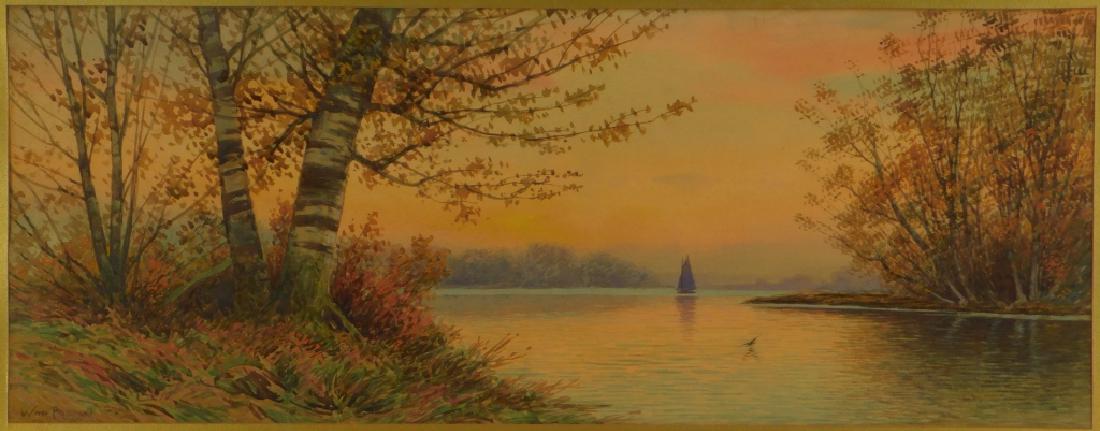 Paskell Impressionist Sunset NH Landscape Painting: William Frederick Paskell,Massachussetts,1866-1941 Depicting a diverging Birch tree alongside a tranquil lake as a sailboat lazily drifts in the background. Watercolor on paper,Sight size,Frame 19 3/8