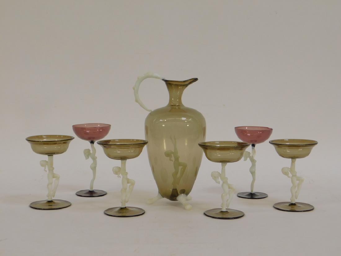 7PC Fritz Lampl Bimini Nude Art Glass Decanter Set: Fritz Lampl,Austria,1892-1955 Group includes a smoked decanter with internal nude figure with four matching cordials and two taller purple cordials. Glass,Decanter 7 1/2" tall, From the collection of 