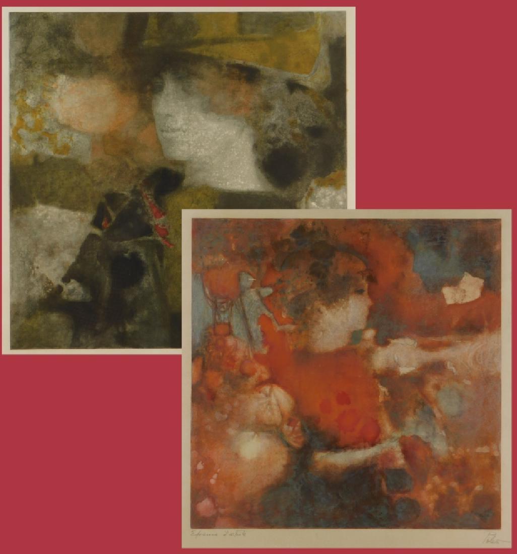 2 Hector Poleo Post Impressionist Lithographs: Hector Poleo,New York, Venezuela,1918-1989 Two works, each depicting a youthful woman over a mottled somber color background. Lithograph in colors,Sight size 16 1/2" x 16 1/2",Frame 27" x 23", 26" x 2